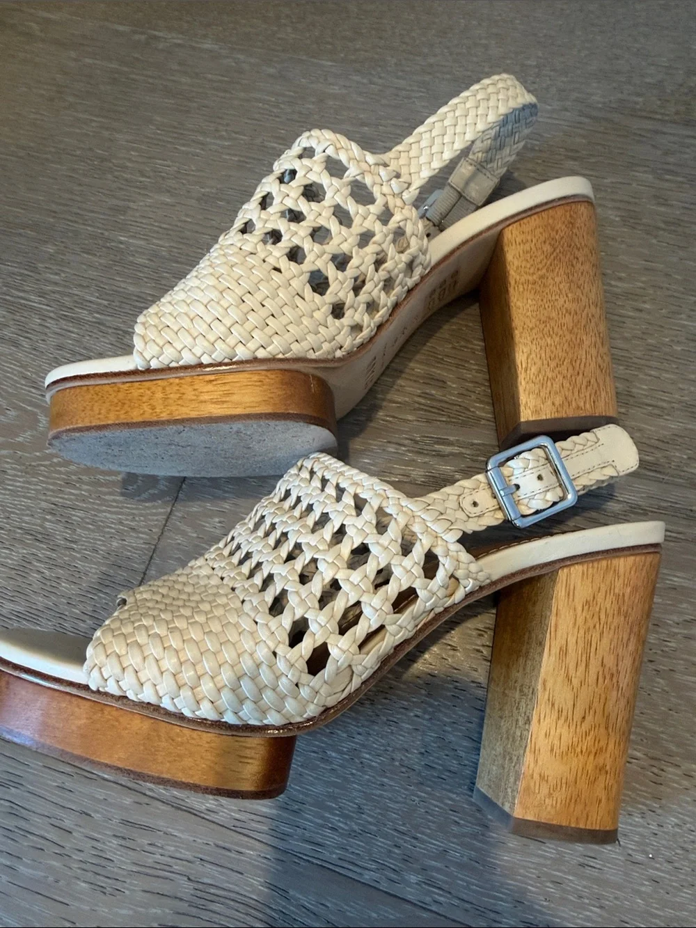 STAUD Cream Braided Peep-Toe Slingback Heels